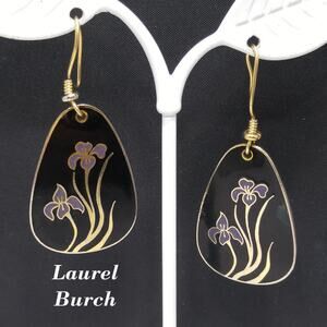 Vintage Laurel Burch Black Enamel Purple Lily Earrings, Gold Plated